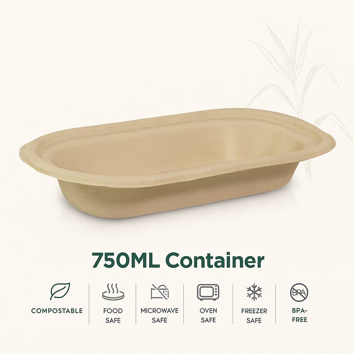 Contenants de 750 ml (Caisse de 500 | 4 x 125 paquets) - 100 % compostables fabriqués à partir de bagasse de canne à sucre pour la vente par Nutribite EcoWare