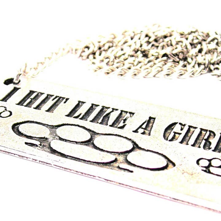 I Hit Like A Girl Brass Knuckles Statement Platform Necklace for wholesale by Chubby Chico Charms