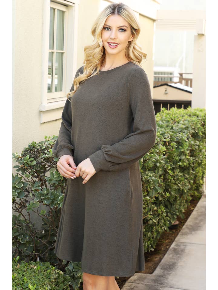 You & Me - Wholesale Dress - Women's - YMD10063V-PUFF LONG SLEEVE HACCI BRUSHED DRESS27