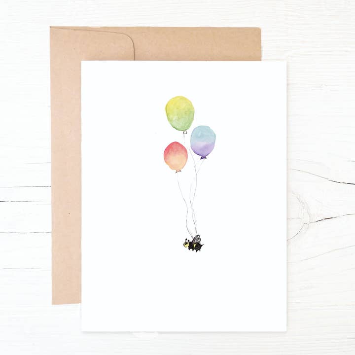 Bee with Rainbow Balloons Celebration Card for wholesale by Chandler Strange Art