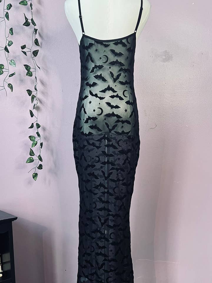 Witchwood Bags - Wholesale Dress - Women's - Sheer Hourglass Maxi Dress - Velvet Flocked Bats - RTS2