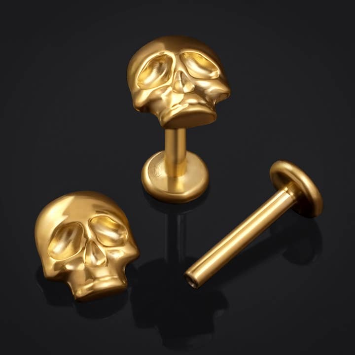 Titanium Internally Threaded Gold Skull Labret Stud 1.2mm Gauge for wholesale by Custom Plugs