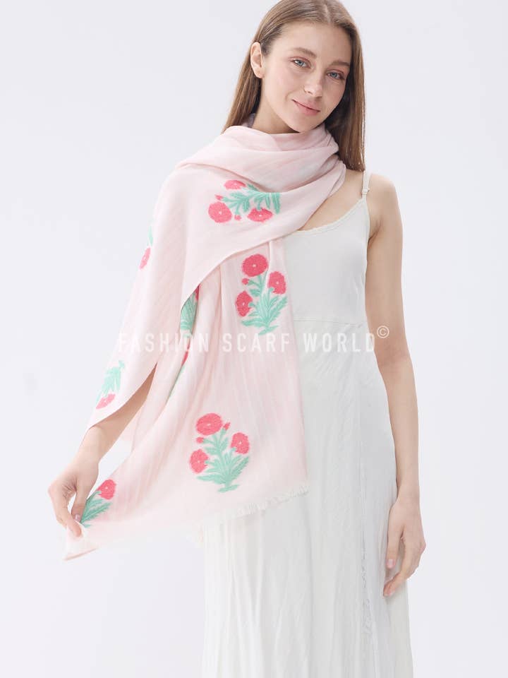 Floral Motif and Stripe Woven Cotton Frayed Scarf for wholesale by Fashion Scarf World
