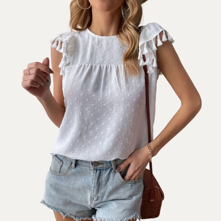 Daydream White Swiss Dot Tassel Short Sleeve Top for wholesale by The Moment Collection