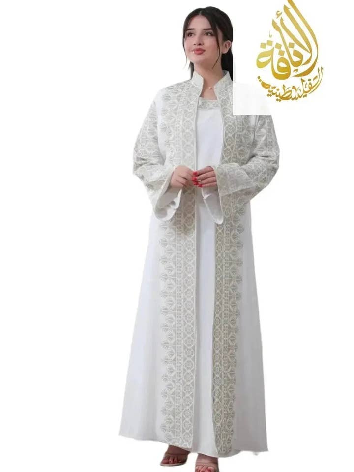 Luxurious Sanabel Kaftan Set - Gold & Silver Reed Silk Elegance for wholesale by Palestinian Elegance