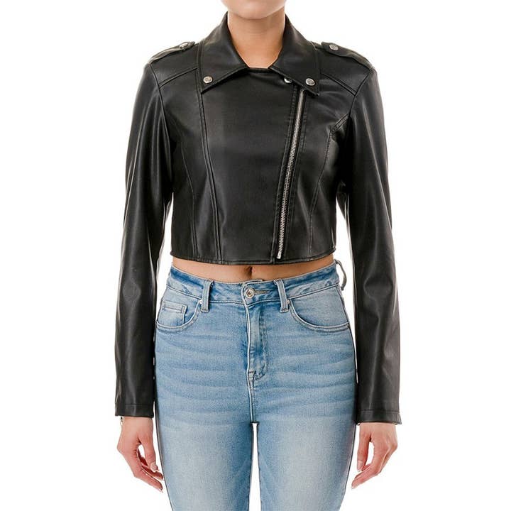 Paperdoll - Wholesale Jacket - Women's - MICRO CROP PU LONG SLEEVE BIKER JACKET3