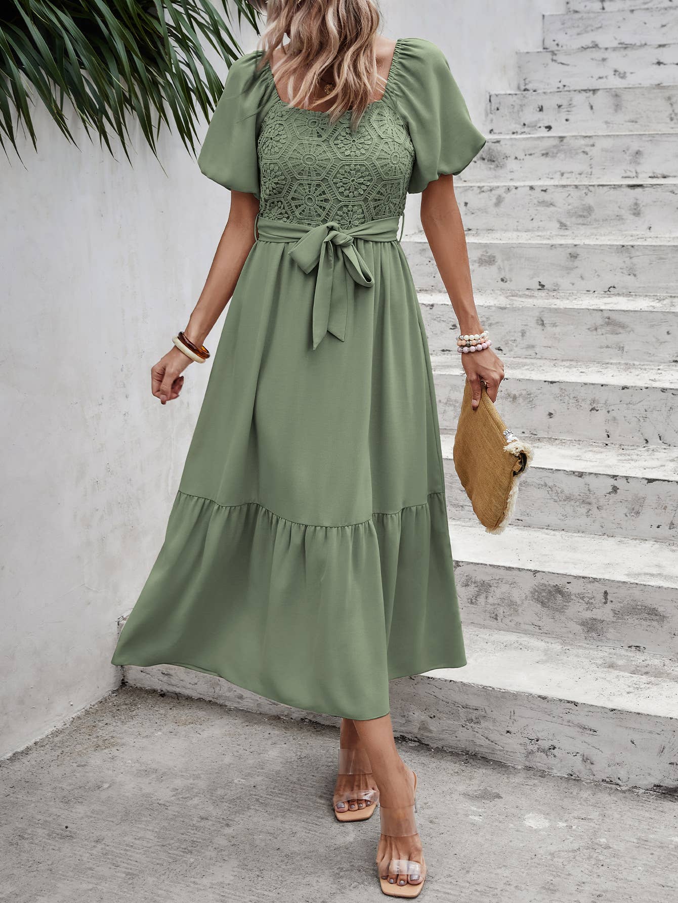 eLook - Wholesale Jurk - Dames - SZ1-DR1008 Midi-jurk met haakdetails en pofmouwen en riem25