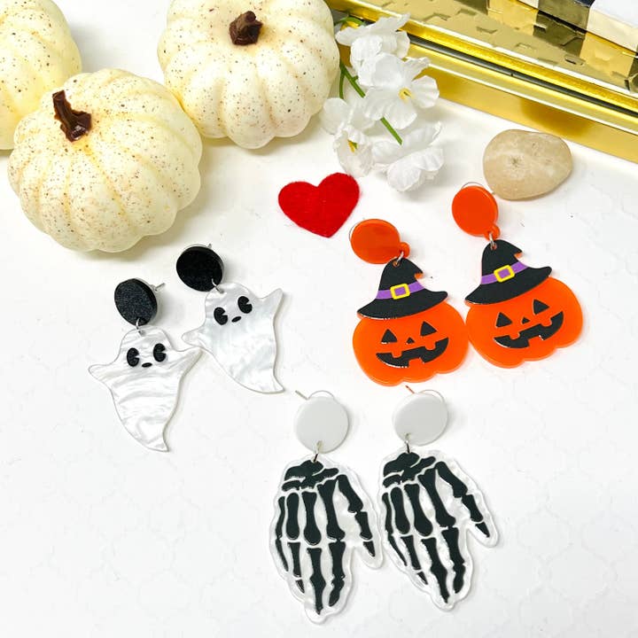 Brinco de Abóbora Fantasma, Brinco Halloween, Brinco Crânio, Brinco Spooky, Jóias Halloween, Presente de Halloween, Brinco de Férias, Brinco Acrílico por atacado de Melina Almonte Couture