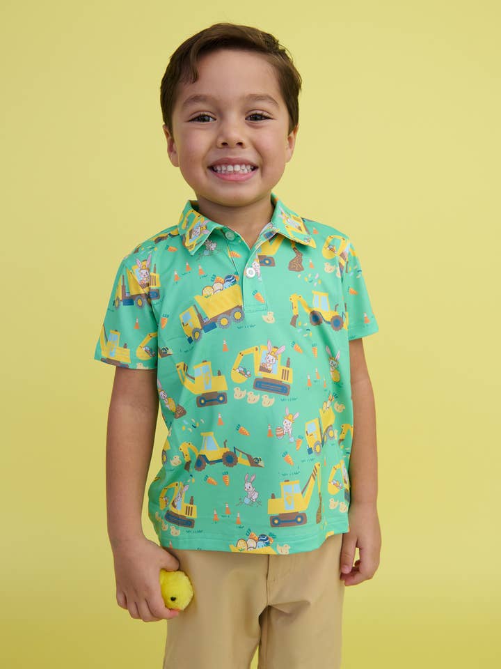 Boys Bunny Builders Knit Short Sleeve Performance Polo
for wholesale by RuffleButts + RuggedButts