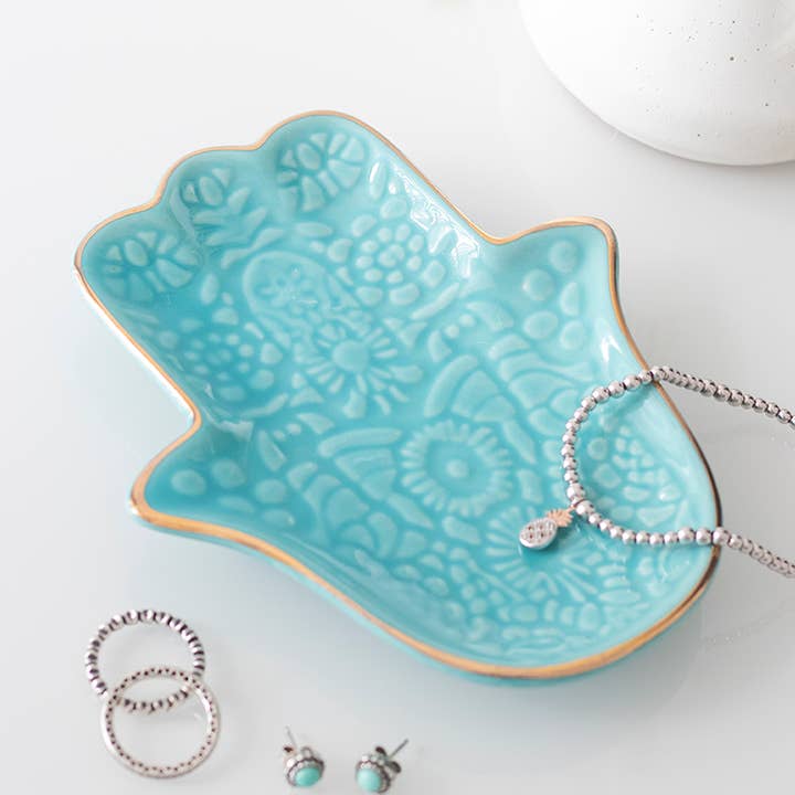 Plato joyero mano Hamsa turquesa para venta al por mayor de Something Different Wholesale