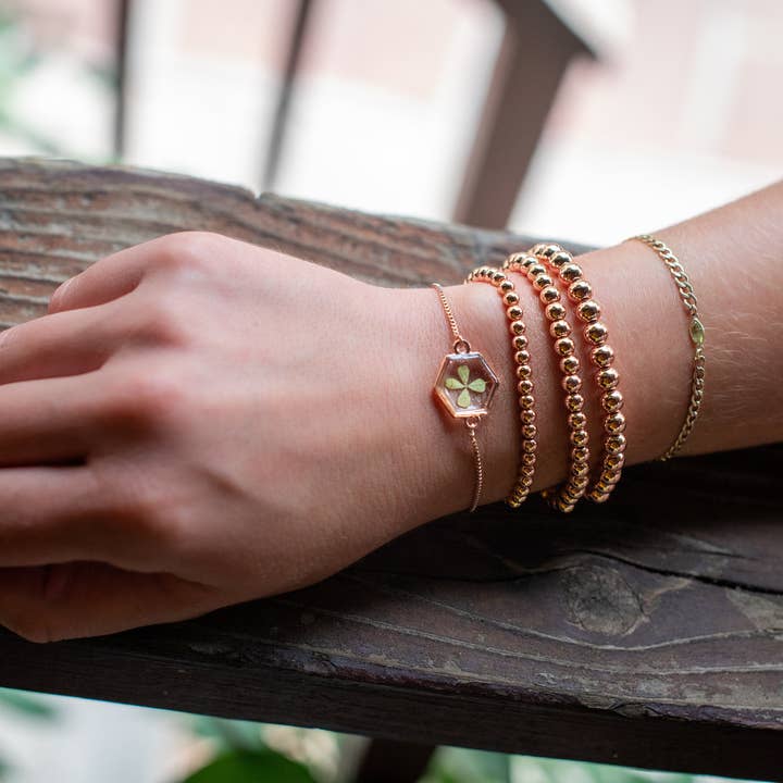 Four Leaf Clover Bracelet Good Luck Charm St Patrick's Day Gift Real Preserved Clover Hexagon Charm Irish Nature Inspired Jewelry for wholesale by TillyPad Studios