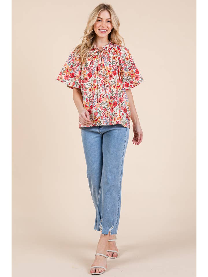 Dk Coral Multi Floral Short Sleeve Blouse, MT51756 for wholesale on Faire