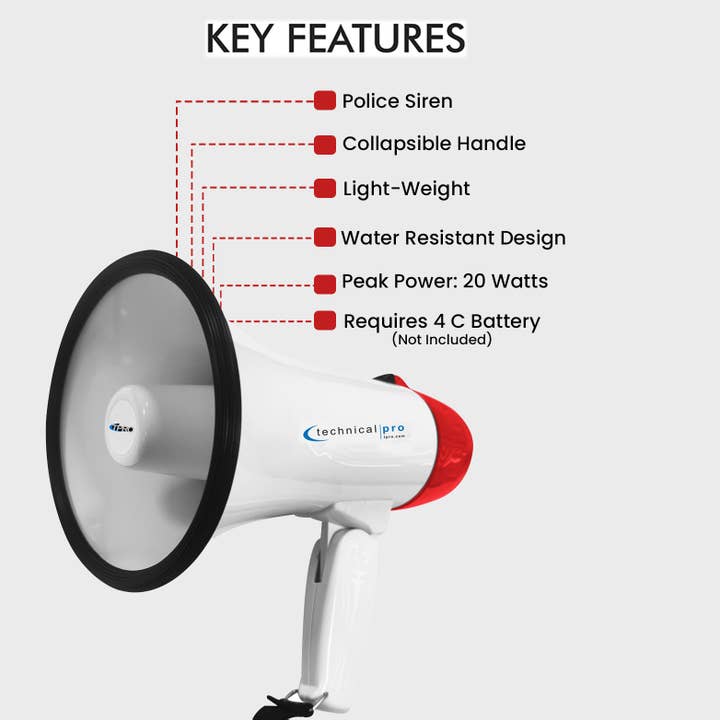 Technical Pro - Wholesale Sporting Accessories - Portable White & Red 40 Watts 300M Range Megaphone Bullhorn