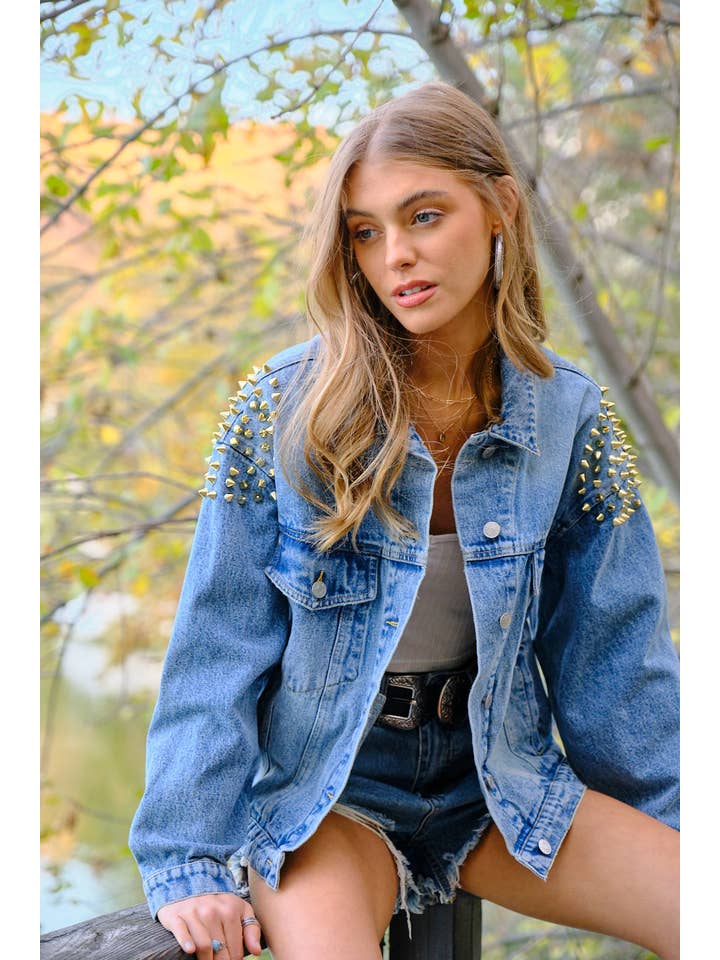 22498J - Shoulder Studded Denim Jacket for wholesale on Faire