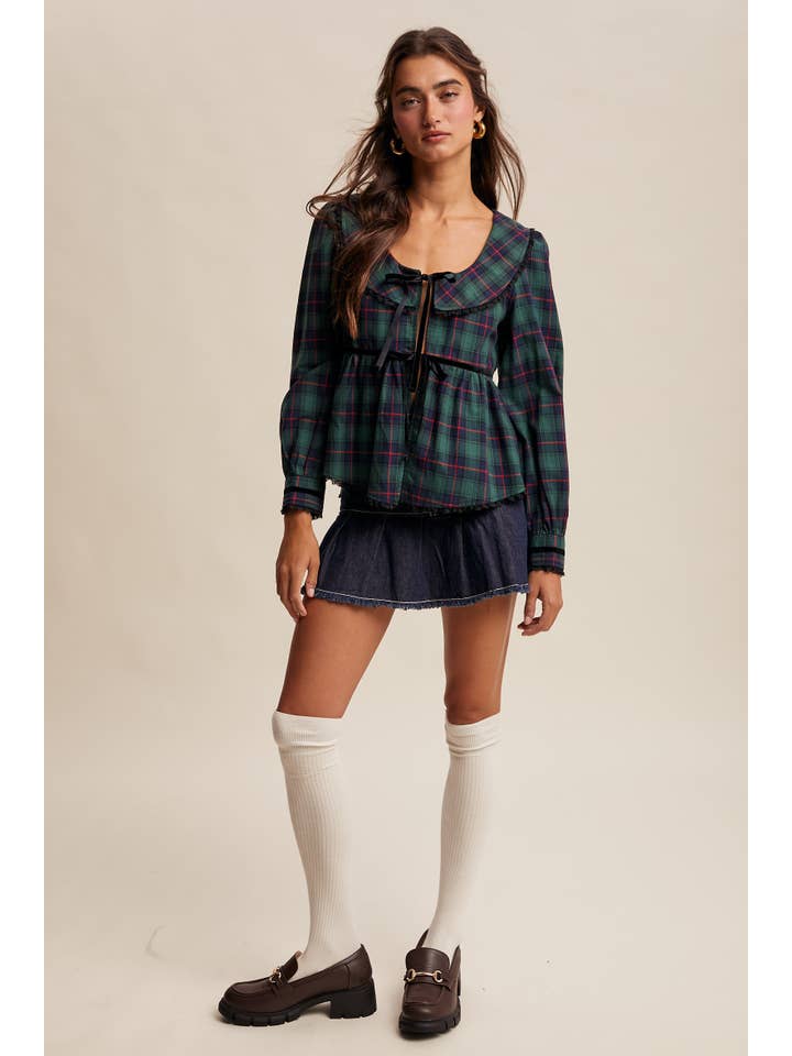 Listicle - Wholesale Blouse - Women's - Plaid Velvet Trim Holiday Blouse LT144619