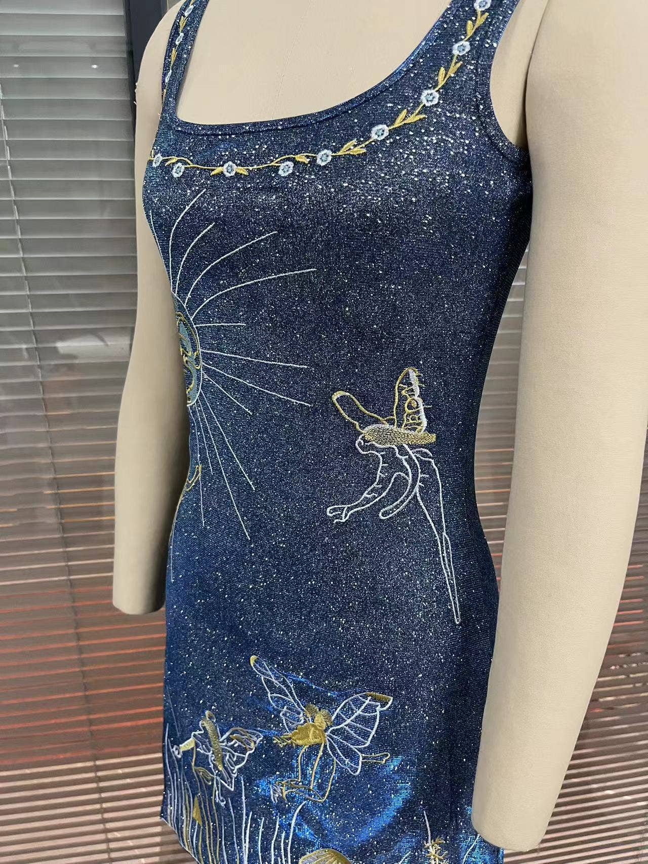 Blue Sun Goddess Fairy Embroidered Crystal Strap Mini Dress for wholesale on Faire2