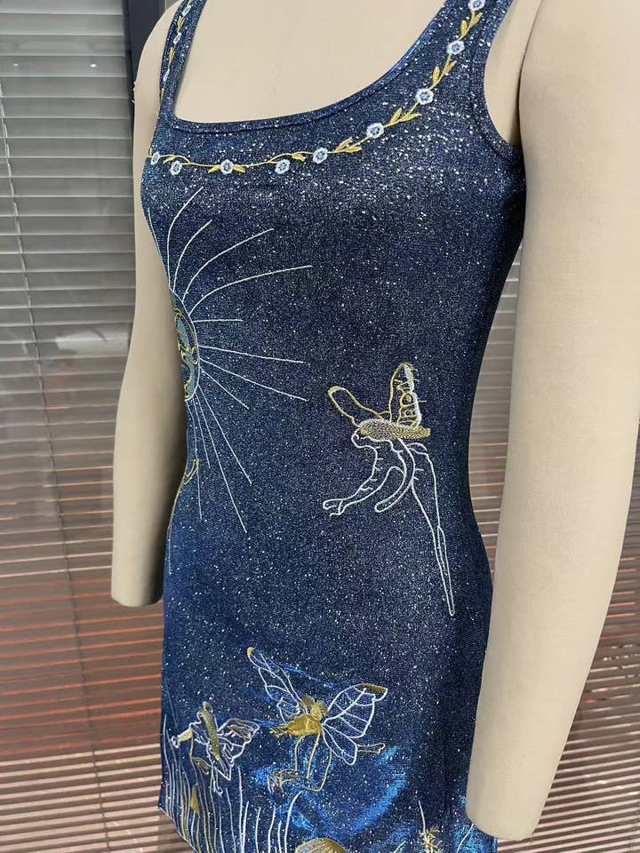 Blue Sun Goddess Fairy Embroidered Crystal Strap Mini Dress for wholesale on Faire2