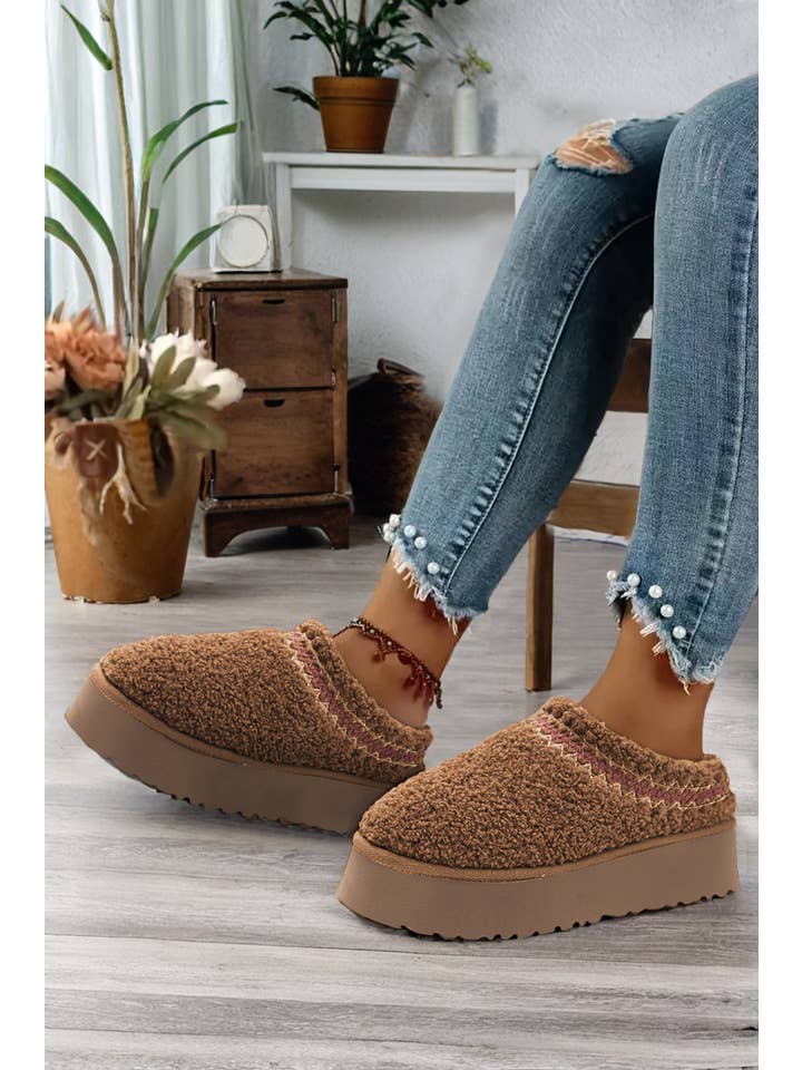1 the Woman - Wholesale Slippers - Women's - Embroidered Sherpa Plush Thick Sole Winter Slippers