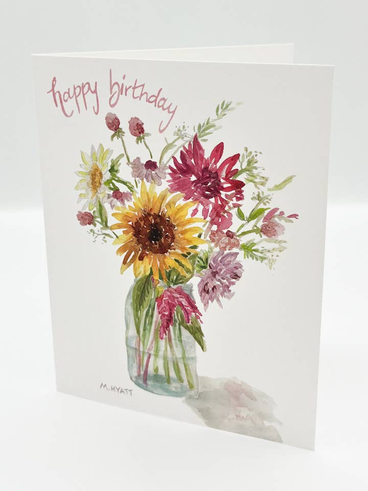 "Sunflower Bouquet" floral watercolor Happy Birthday card for wholesale by Melissa Hyatt