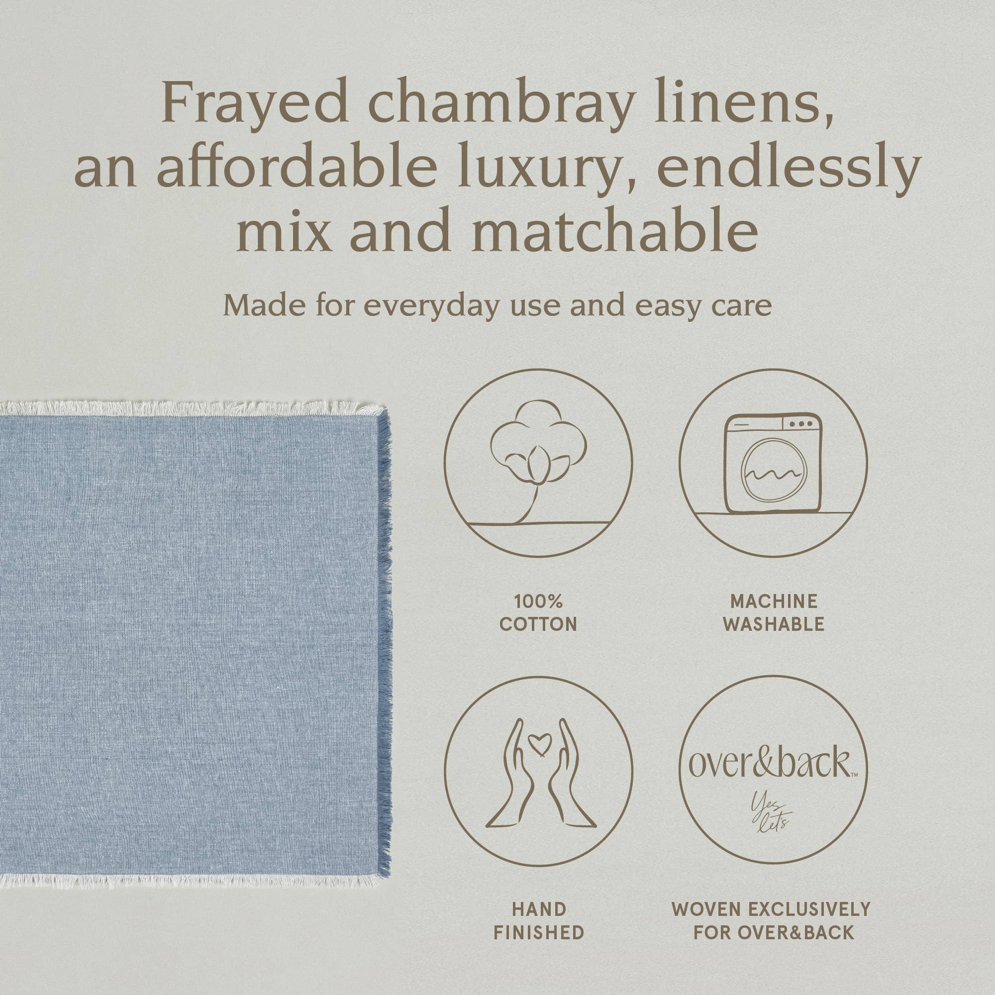 over&back - Wholesale Dinner & Cloth Napkin - Frayed Chambray Napkins – Set of 41