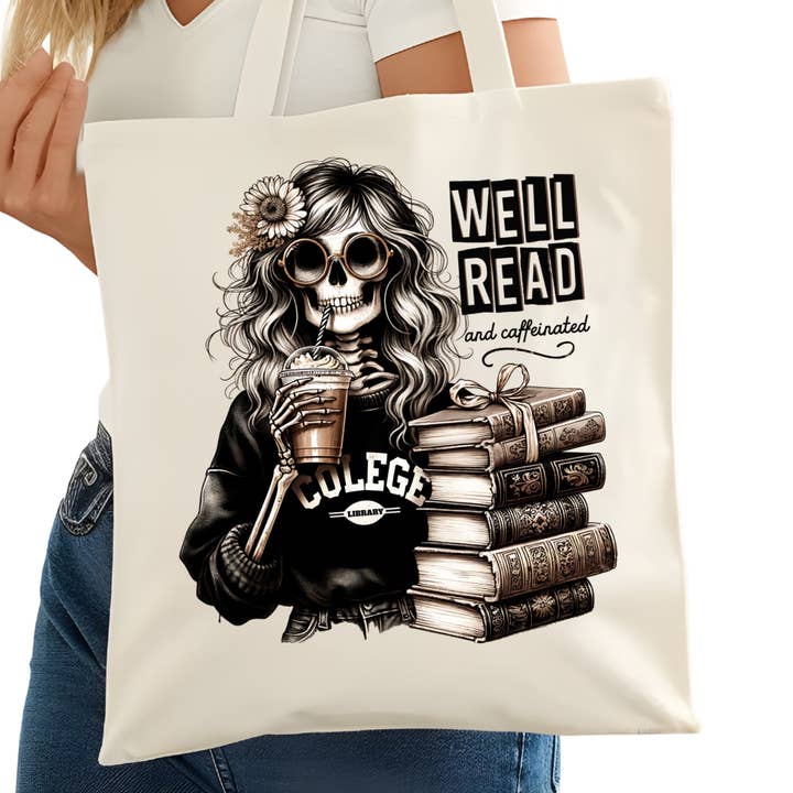 Well Read and Caffeinated Bookish Tote Bag – Reading Tote for Book Lovers – Book Reader Bag - Romance Reader Tote - Book Store for wholesale by Purely Bookish