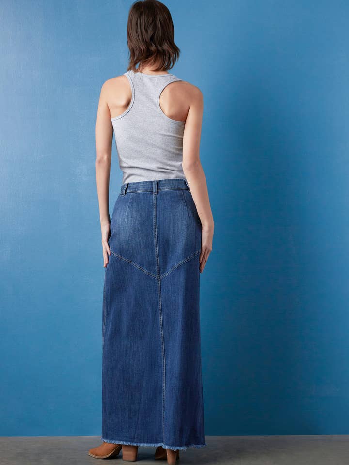 Retro Blue Pieced Denim Maxi Skirt for wholesale on Faire5