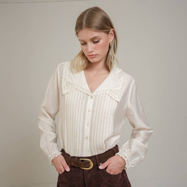 CREAM SAILOR PINTUCK BLOUSE - RT1102 for wholesale on Faire
