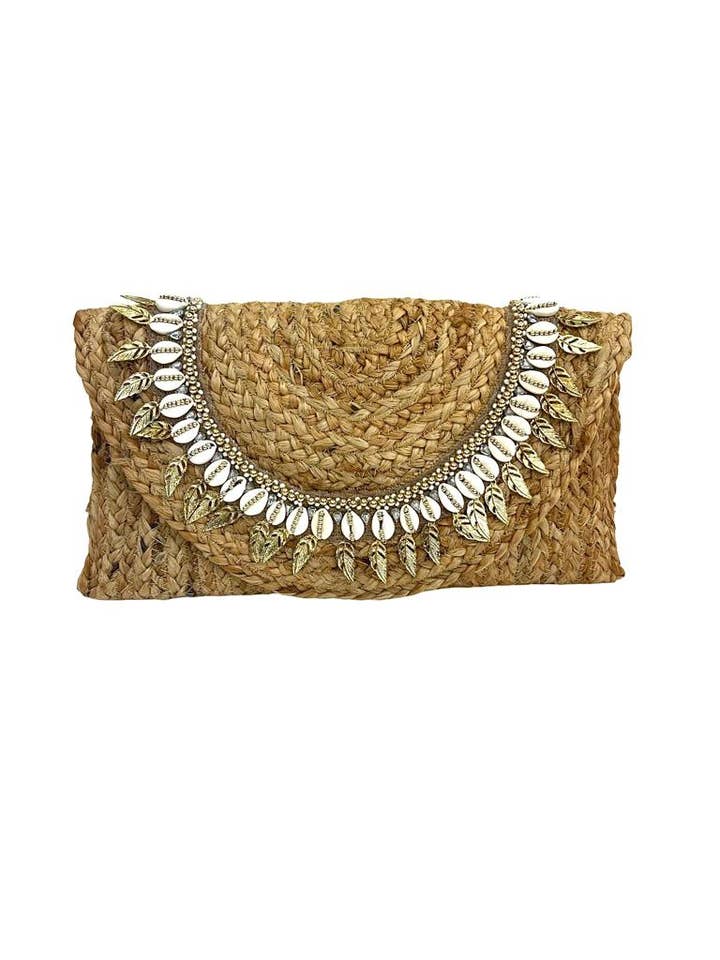 BG-01-1055 Natural Jute Clutch With Shells and Leaves. for wholesale by Ranee's Accessories