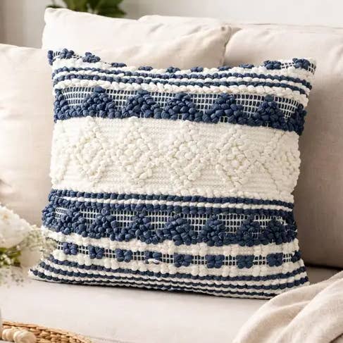Blue and White Hand-Woven Coastal-Bohemian 18" Throw Pillow for wholesale by Fennco Styles