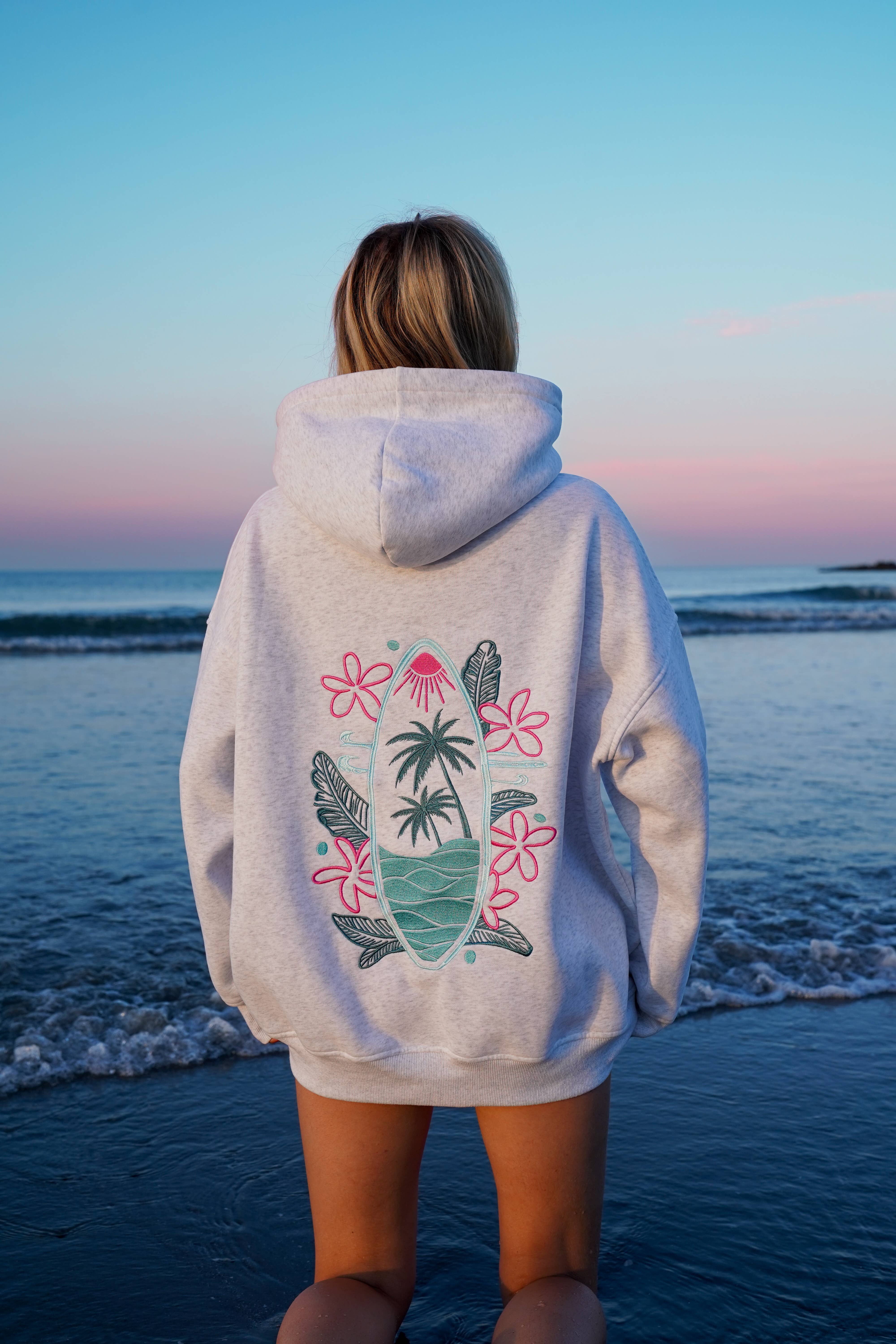 Pearl Grey Surfing The Waves Embroider Hoodie for wholesale on Faire12