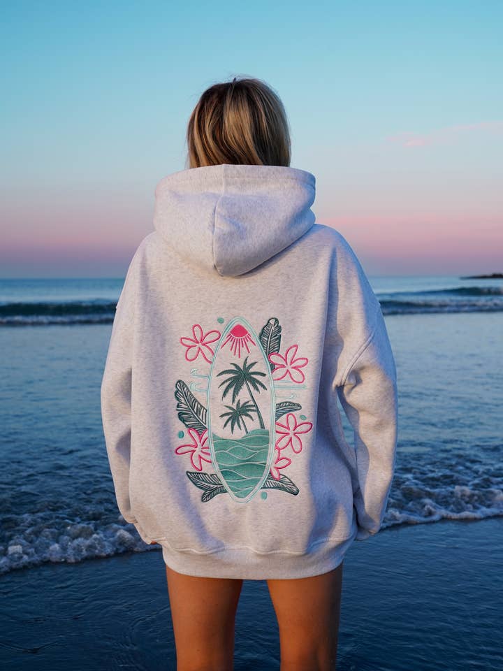Pearl Grey Surfing The Waves Embroider Hoodie for wholesale on Faire12