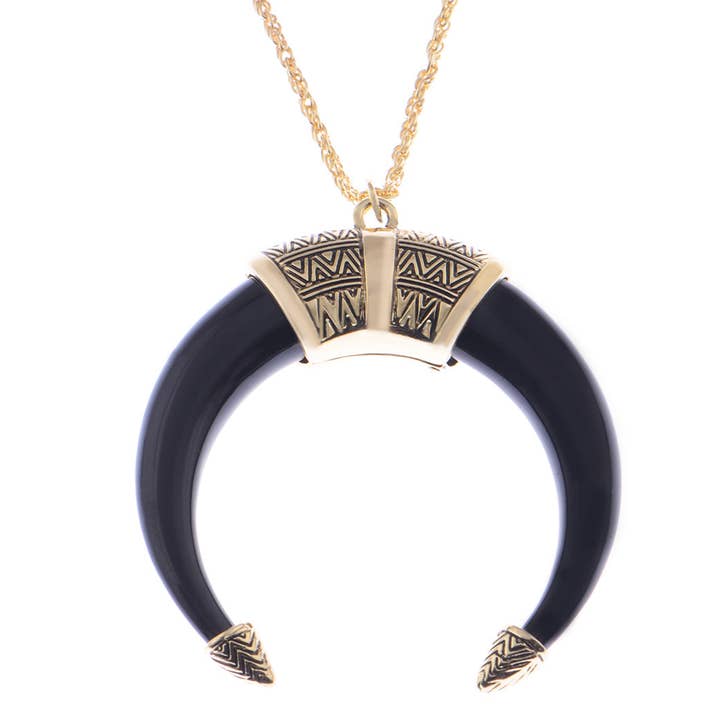 Boho Tribal Native Crescent Moon Bull Horn Pendant Necklace for wholesale by AK Brand