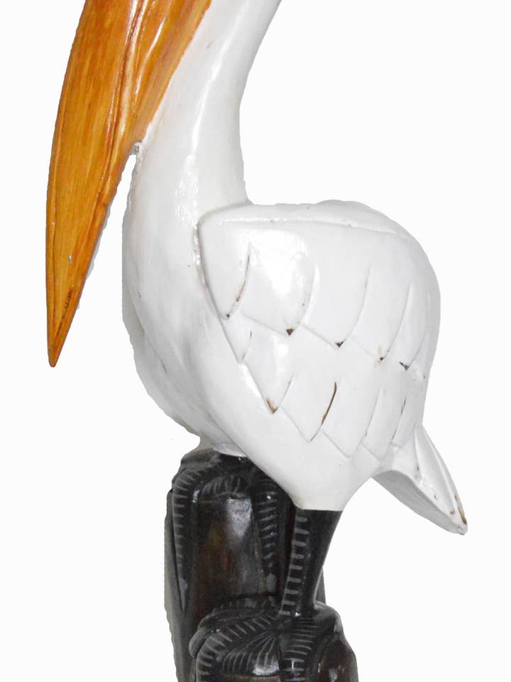 25" Pelican Three Post Hand Carved Nautical Wood Statue for wholesale by White Elephant
