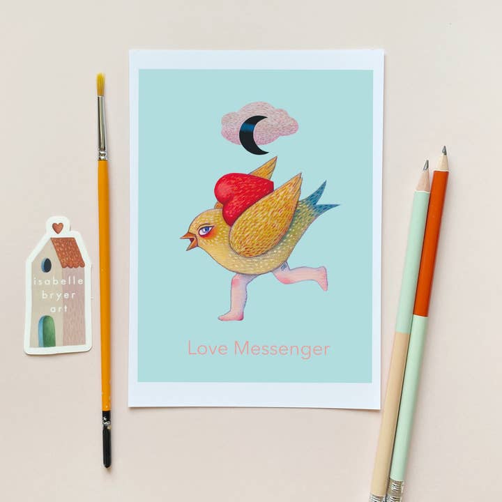 Isabelle Bryer Art – wholesale Everyday greeting card – Love Messenger Card – Surreal Bird with Heart - 5"x7"