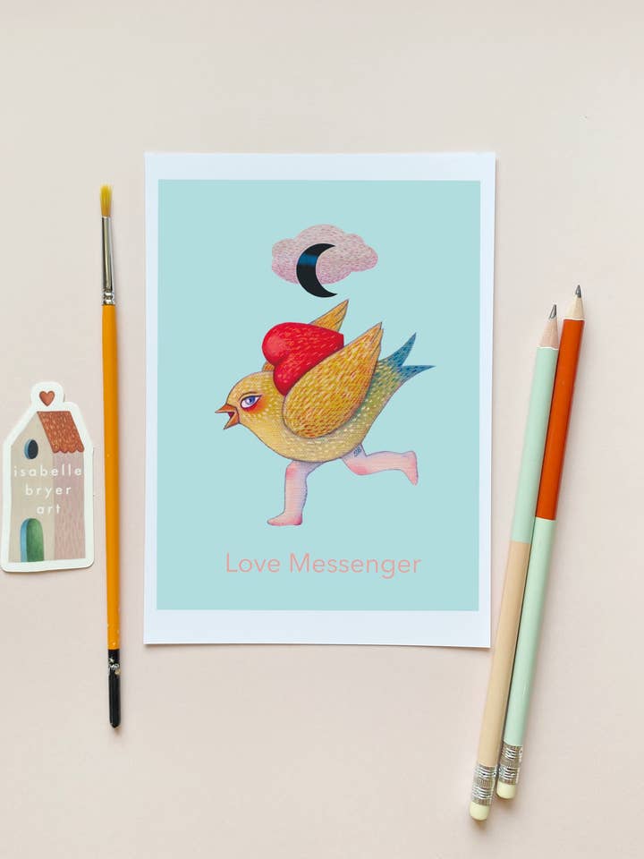 Carte Messager d'Amour – Carte Oiseau Surréaliste avec Cœur Format A7 pour la vente par Isabelle Bryer Art