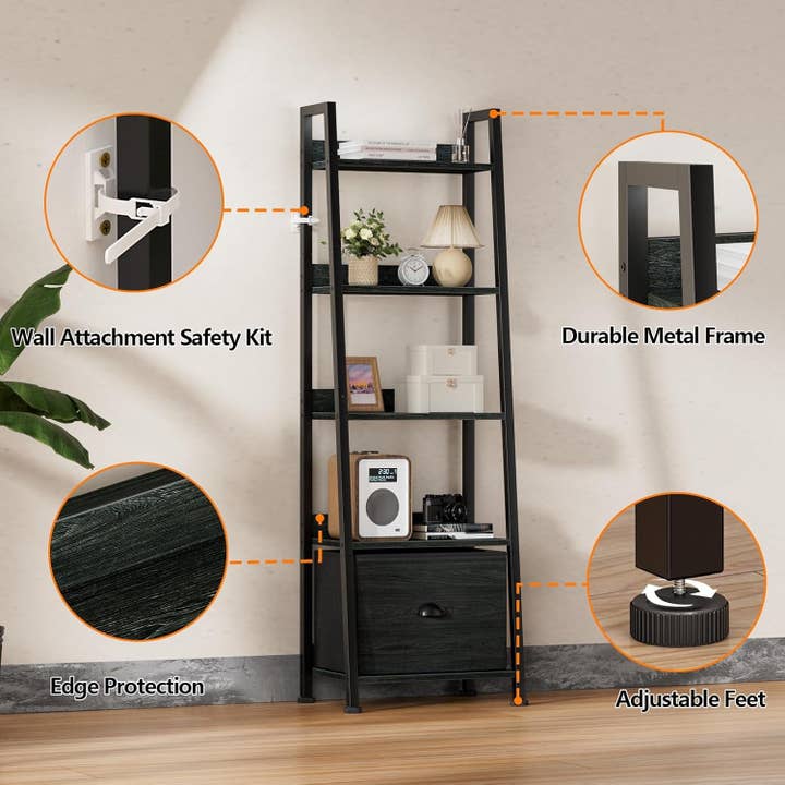 Black Oak 5-Tier Ladder Shelf with Drawer for Stylish Storage for wholesale on Faire