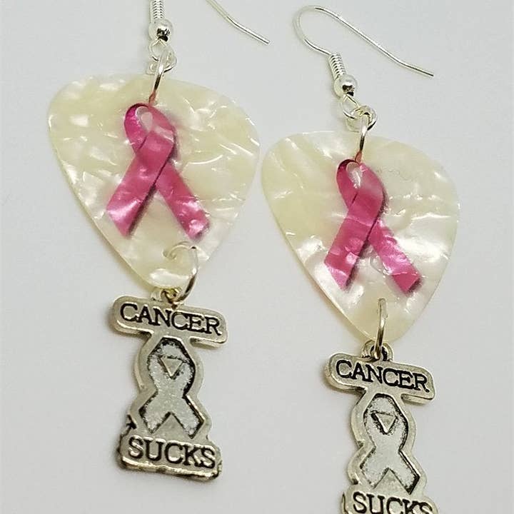 Simply Raevyn - Wholesale Dangle Earrings - Cancer Sucks Pink Ribbon Guitar Pick Earrings