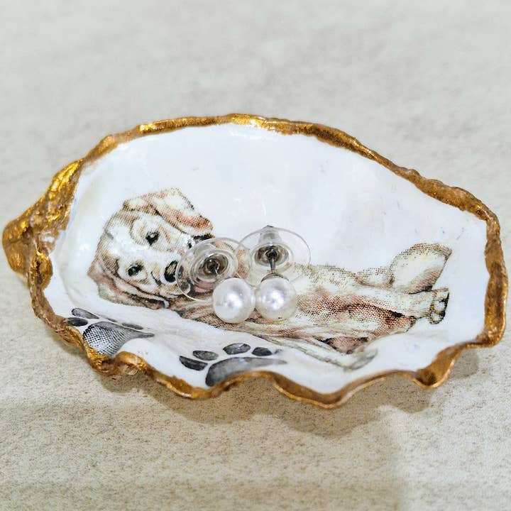 Bee my Oyster - Vente Plateaux à bijoux - Plat à babioles en forme d'huître pour chien Golden Retriever