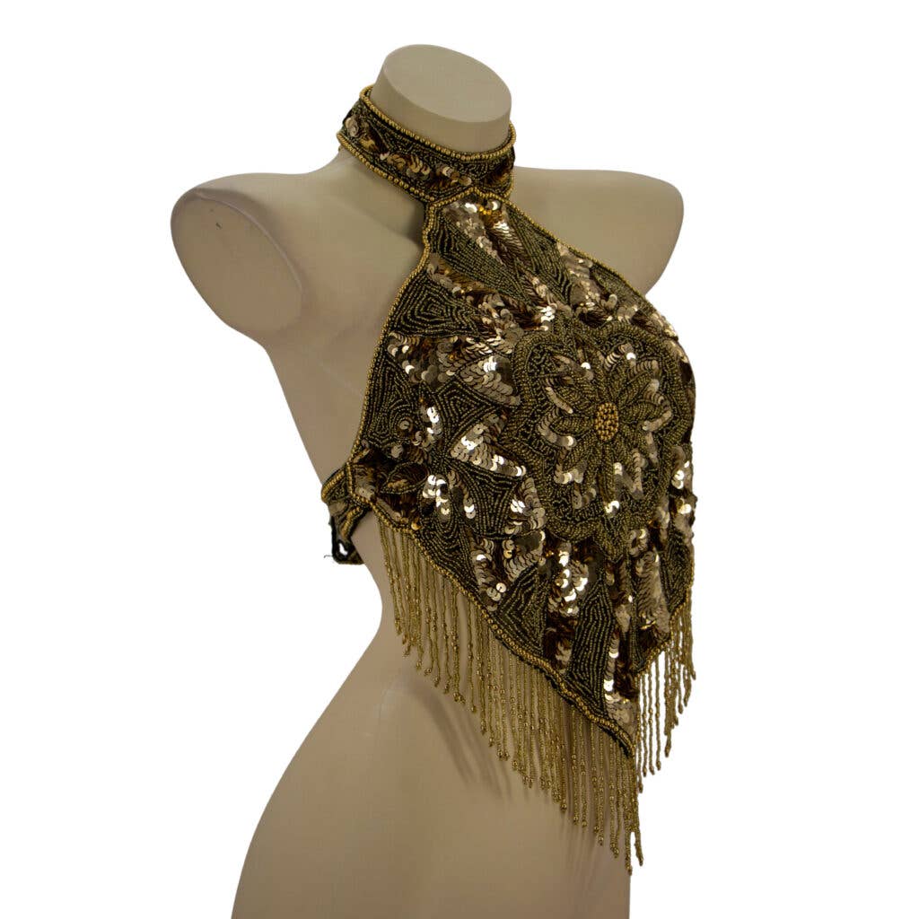 Western Fashion – wholesale Blus - Dam – Pärlad halterneck-topp med medaljongmönster5