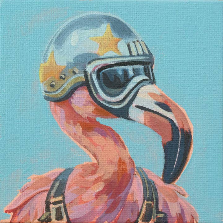 Pittura quotidiana, pittura unica, pezzo unico dipinto a mano, 10 x 10 cm, con cornice, Rocket Flamingo per la vendita all'ingrosso da parte di ZOOZANY handpainted