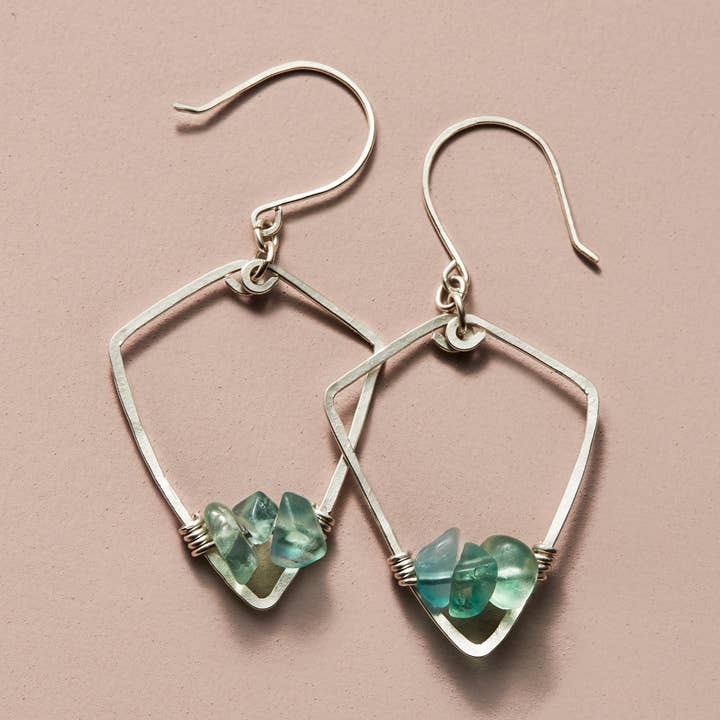 Bright Blue Fluorite + Silver Shield Earrings for wholesale by Kate Stephen Jewelry