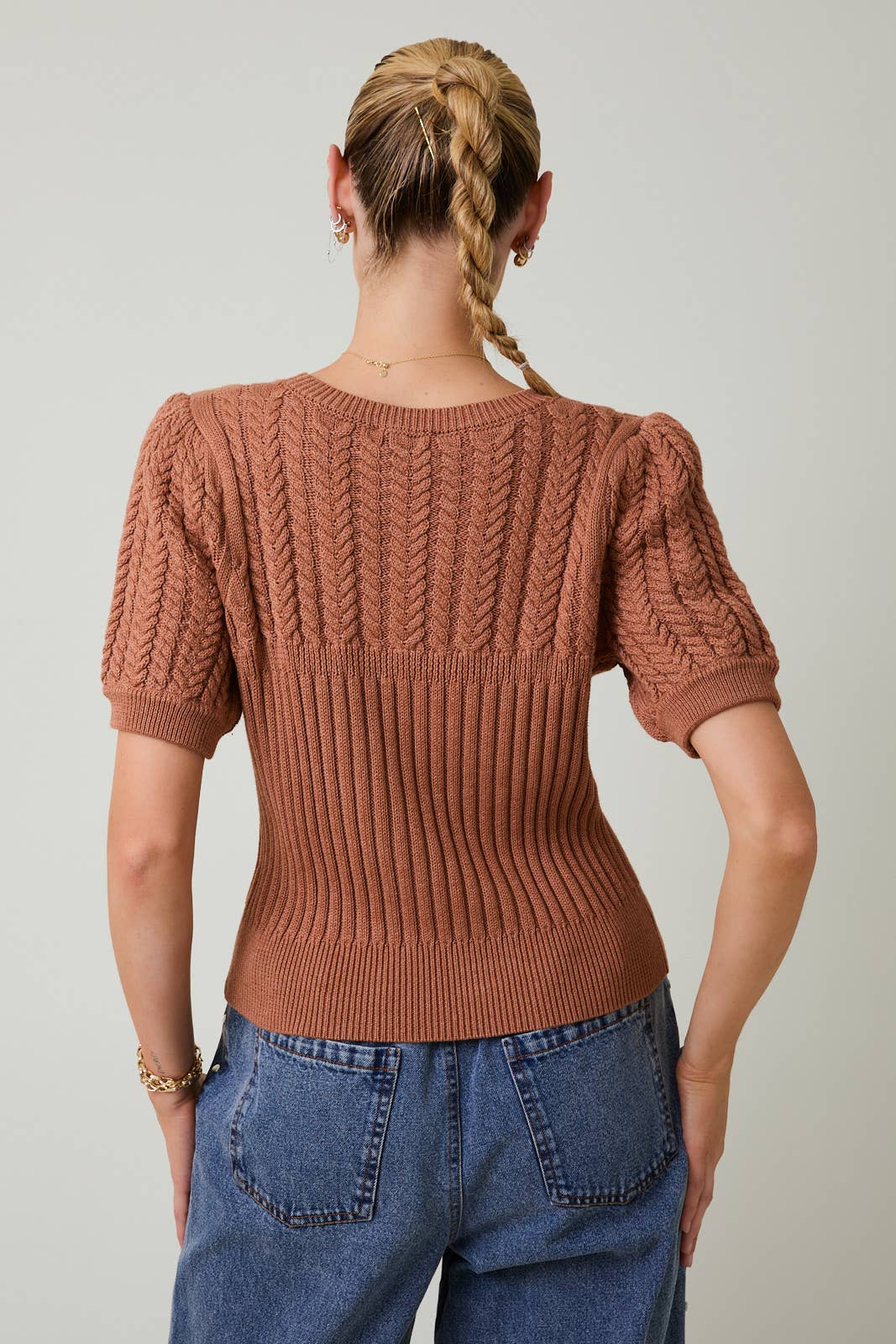 Sunday Edition by LE LIS - Wholesale Knit Sweater - Women's - ROUND NECK PUFF SHORT SLEEVE CABLE SWEATER36