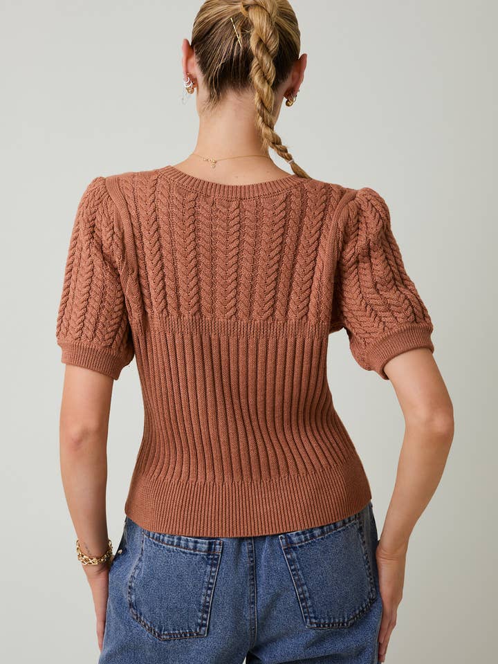 Sunday Edition by LE LIS - Wholesale Knit Sweater - Women's - ROUND NECK PUFF SHORT SLEEVE CABLE SWEATER36