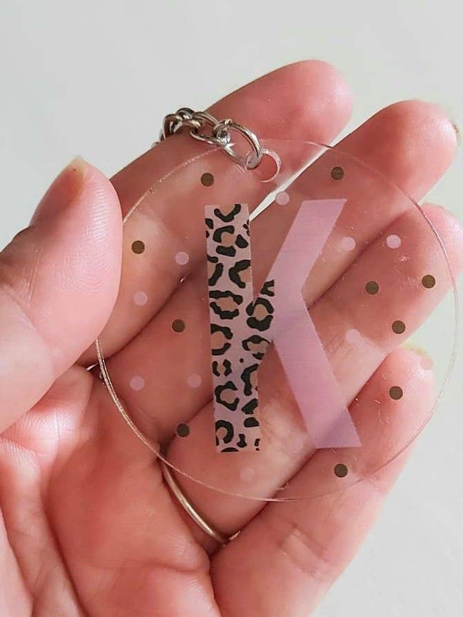 Acrylic Initial Alphabet Keyring Leopard Print Key Chain for wholesale by Alice and Darcy