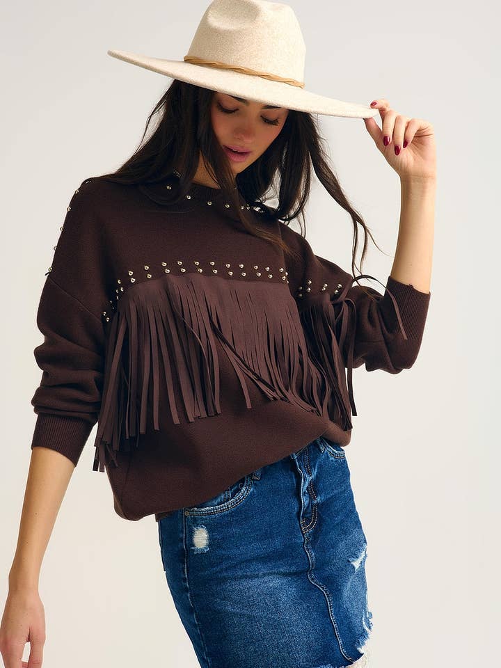 Camisola Castanha com Franjas e Detalhes Metálicos por atacado de Q2—All Orders:Free Duties for the US,UK,and Canada