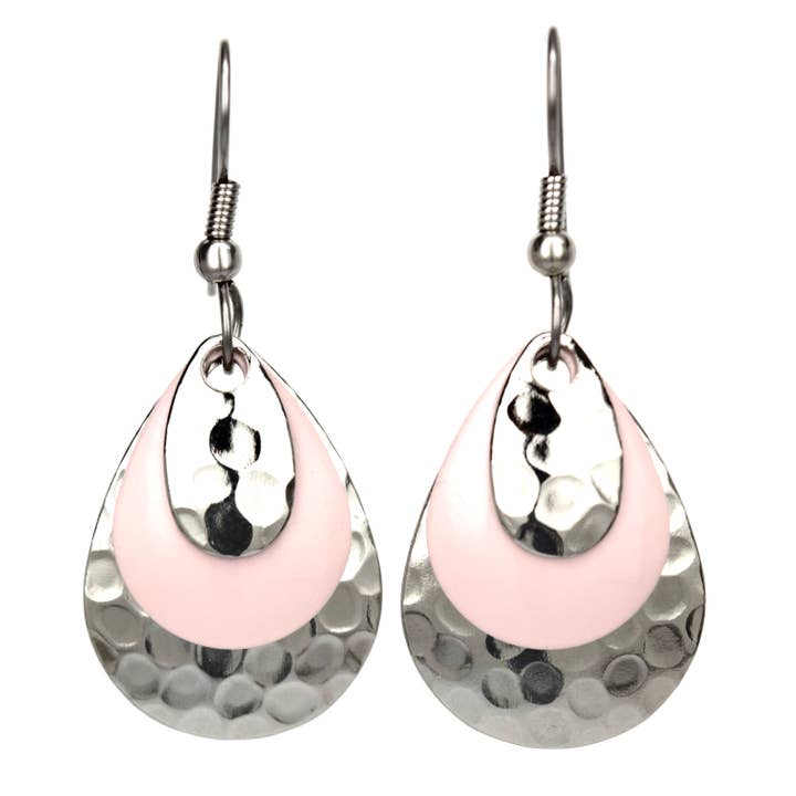Baby Pink Hammered Silver tone earrings Fishing Lure Jewelry for wholesale by Eye Catching Jewelry