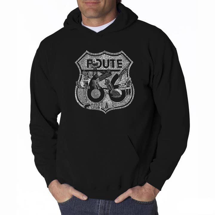 Men's Word Art Hooded Sweatshirt - Stops Along Route 66 for wholesale by LA Pop Art