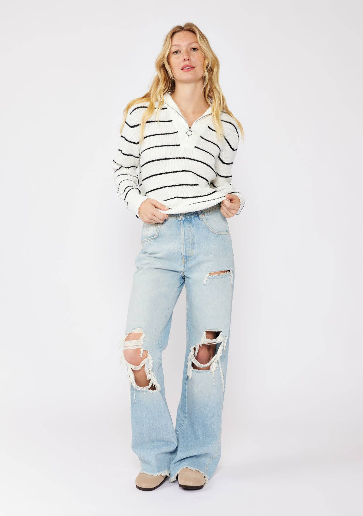 Lovestitch - Wholesale Knit Sweater - Women's - V-Neck Stripe Sweater with Zipper14