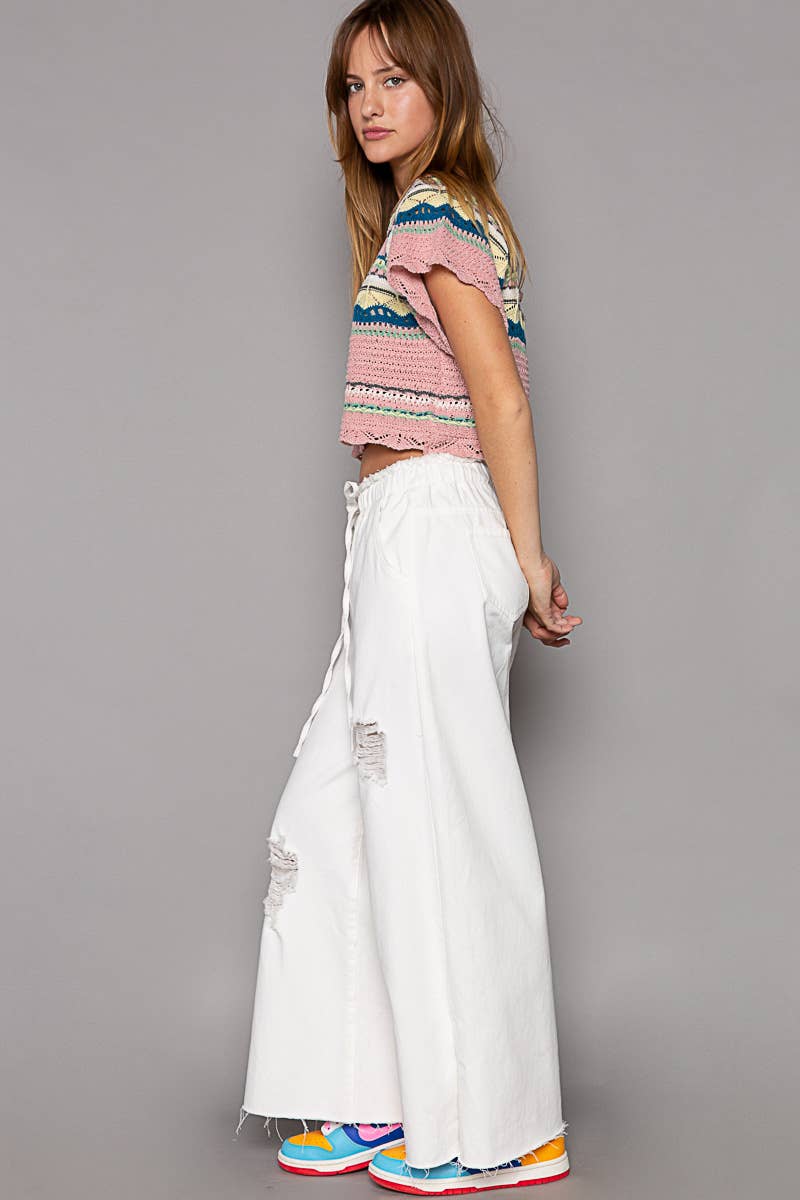 Pol Clothing - Wholesale Jeans - Women's - Wide Leg Drawstring Elastic Waist Distressed Denim Pants16