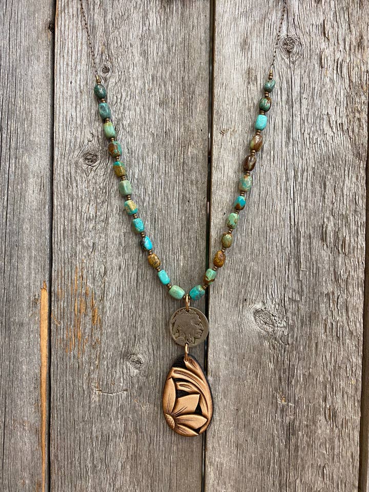 17135 Kingman Turquoise, nickel de buffle et cuir bicolore pour la vente par J.Forks Designs